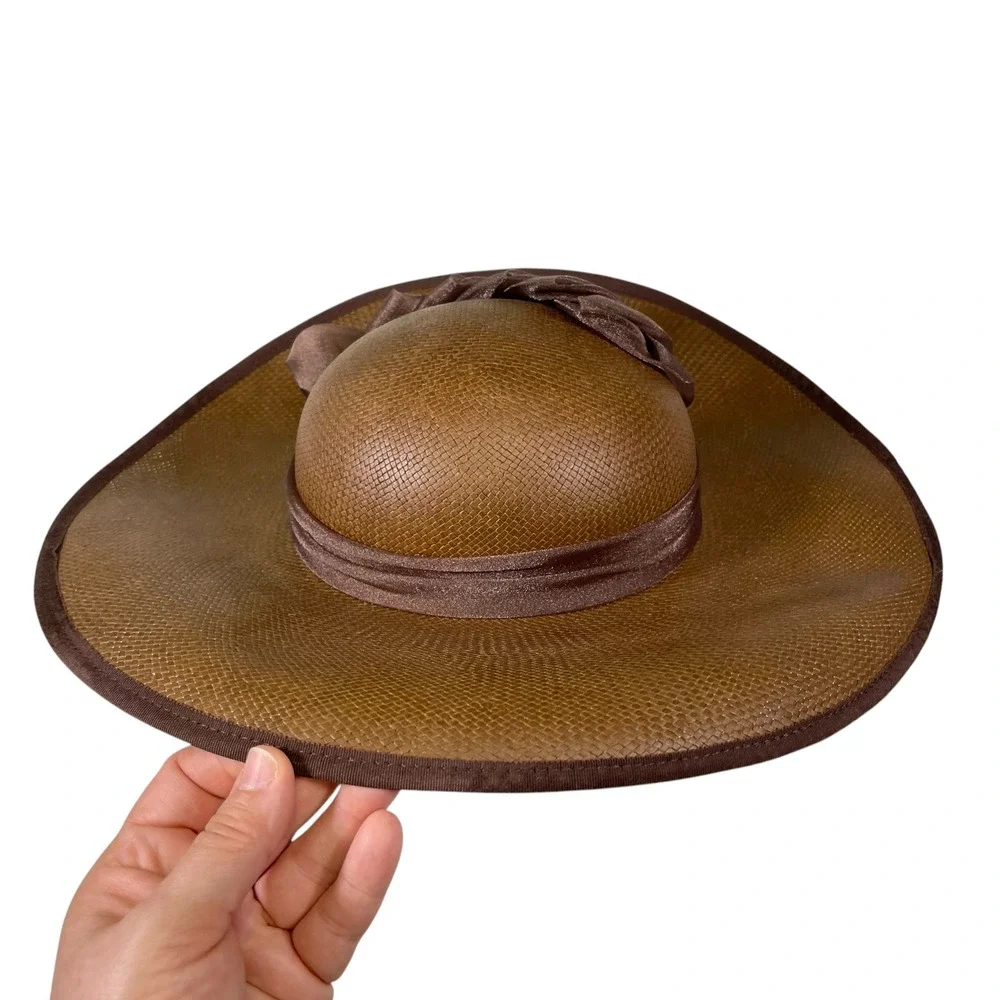 Georgi OS Brown Wide Brim Sun Hat Satin Bow Trim Made in USA Vintage Old Money - Picture 6 of 6